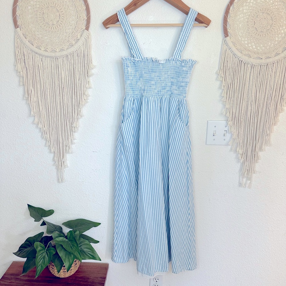 Aqua blue and white striped midi dress with pockets XS